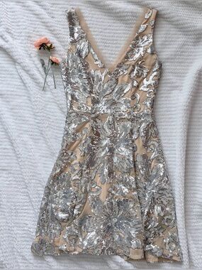 Belle Badgley Mischka Silver Metallic Embroidered Sequin Fit & Flare Dress -Sz 2